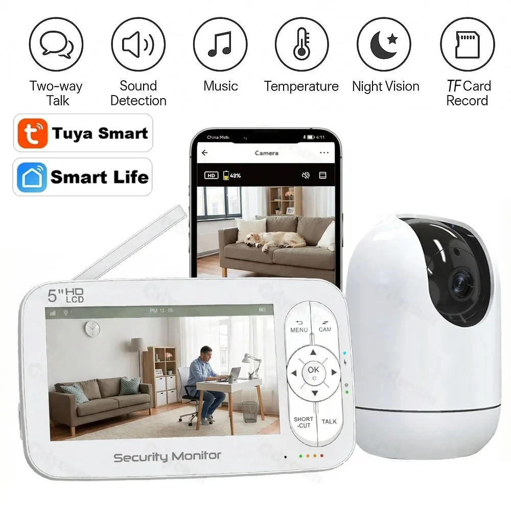 Babyphone intelligent WiFi 5 pouces avec zoom PTZ 4x, application Tuya + moniteur, contrôle double, babyphone électronique, audio bidirectionnel, vision nocturne