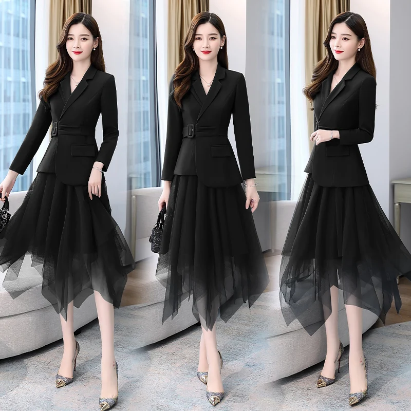 Women\'s Suit Blazer Jacket Asymmetrical Mesh Skirt Two Piece Sets Belt Elegant Women Coat Casual Office Lady Skirt Suits Set