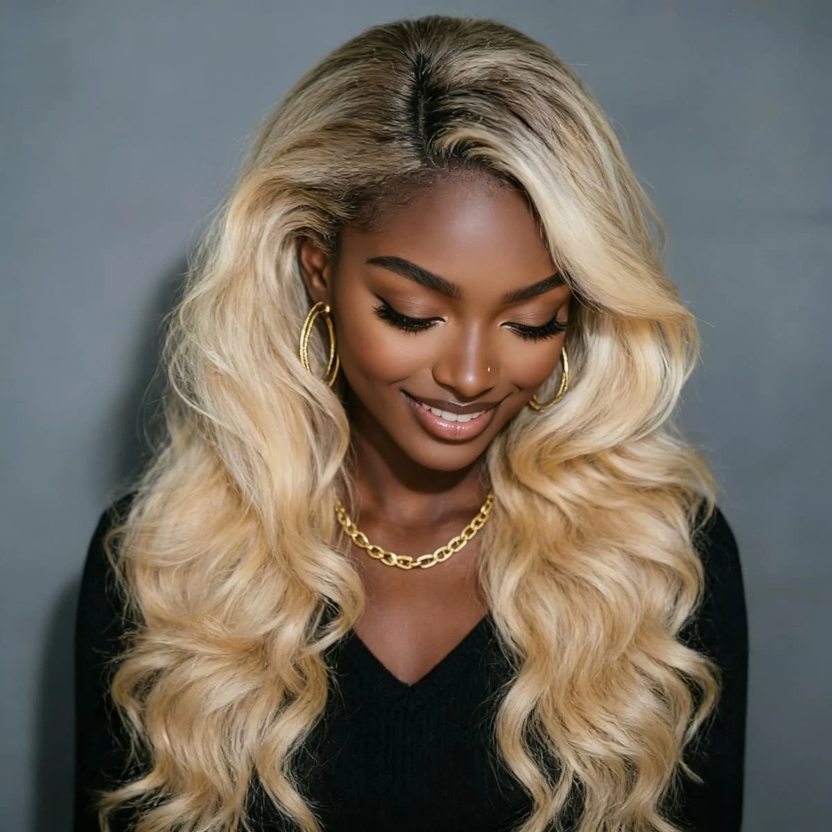 Pelucas Sintéticas Ombre Blonde con Frente de Encaje, Densidad 180, Ondas Suaves, Fibra Resistente al Calor, Peluca con Frente de Encaje HD 13x4 para Uso Diario, Fiestas y Cosplay