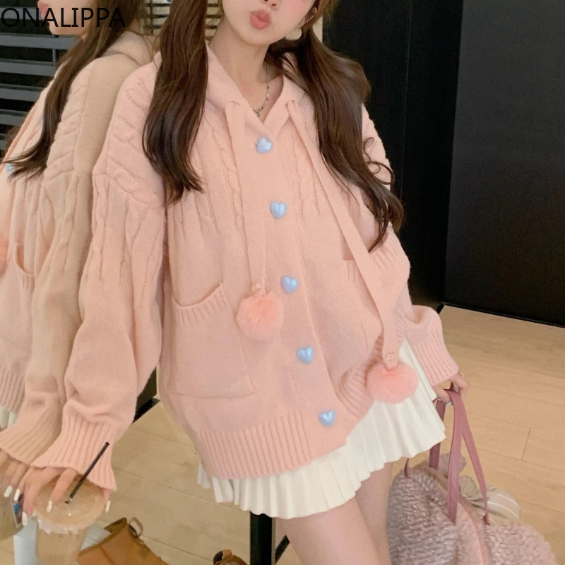 Onalippa Gentle Wind Hooded Oversized Cardigan Women Contrast Chic Buttons Pink Cardigans Korean Hemp Pattern Mid-length Hoodies