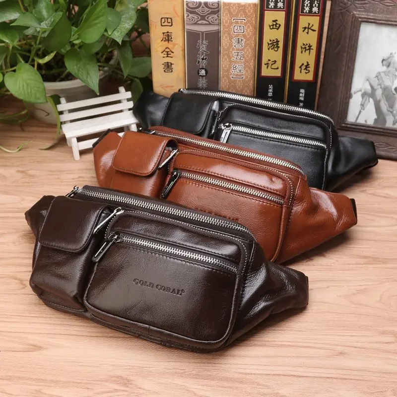 Genuine Leather Men Sling Chest Waist Bum Bags Multi-Purpose Shoulder Messenger Bag Natural Skin Male Hip Fanny Belt Pack