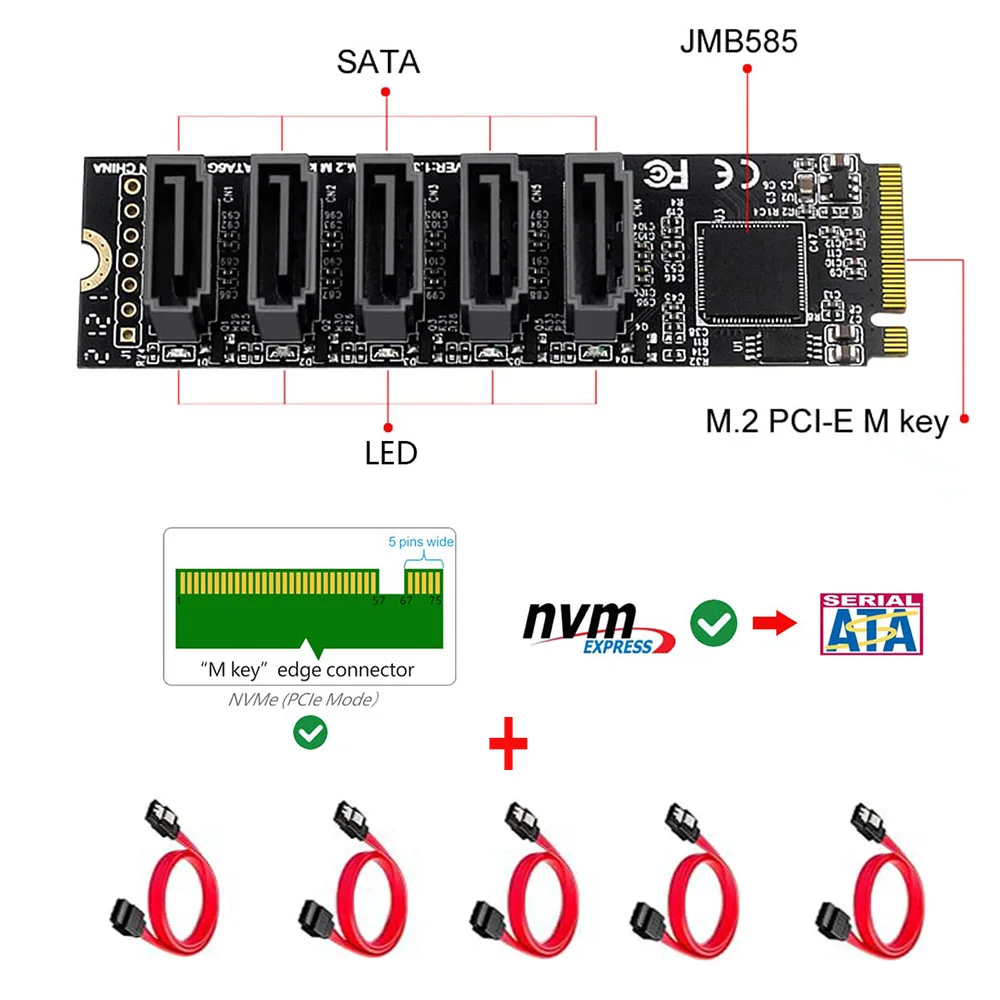 

JoniSerl NGFF NVME M-Key PCI Express to SATA 3.0 6Gbps 5 Ports Adapter Converter Hard Drive Extension Card JMB585 2280