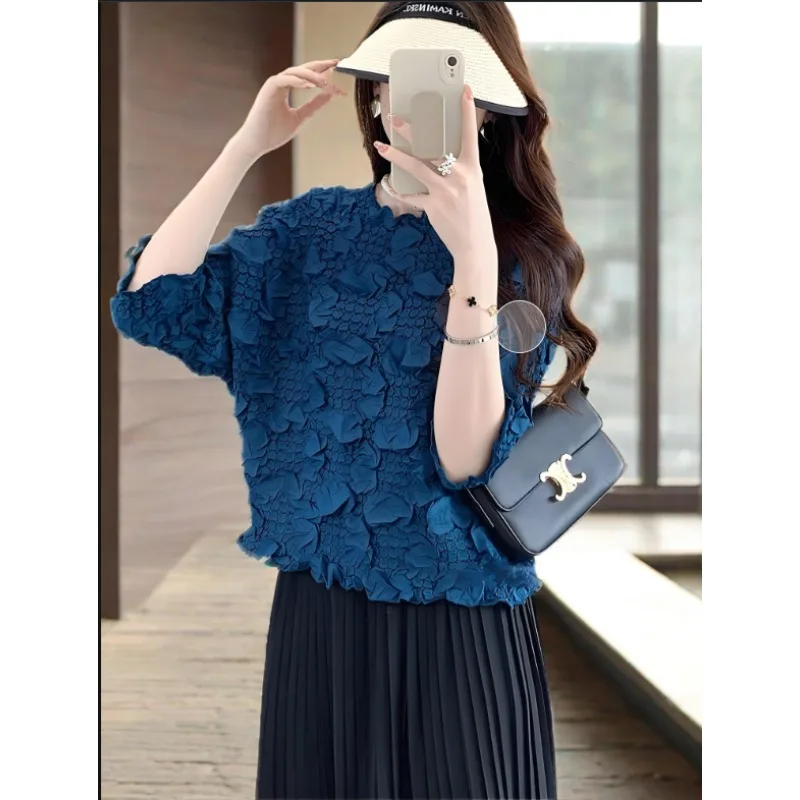 

Miyake Pleated T-shirt Tops Women 2025 Summer New High-end Embroidery Plus Size T-shirt Clothes Solid Women Clothing