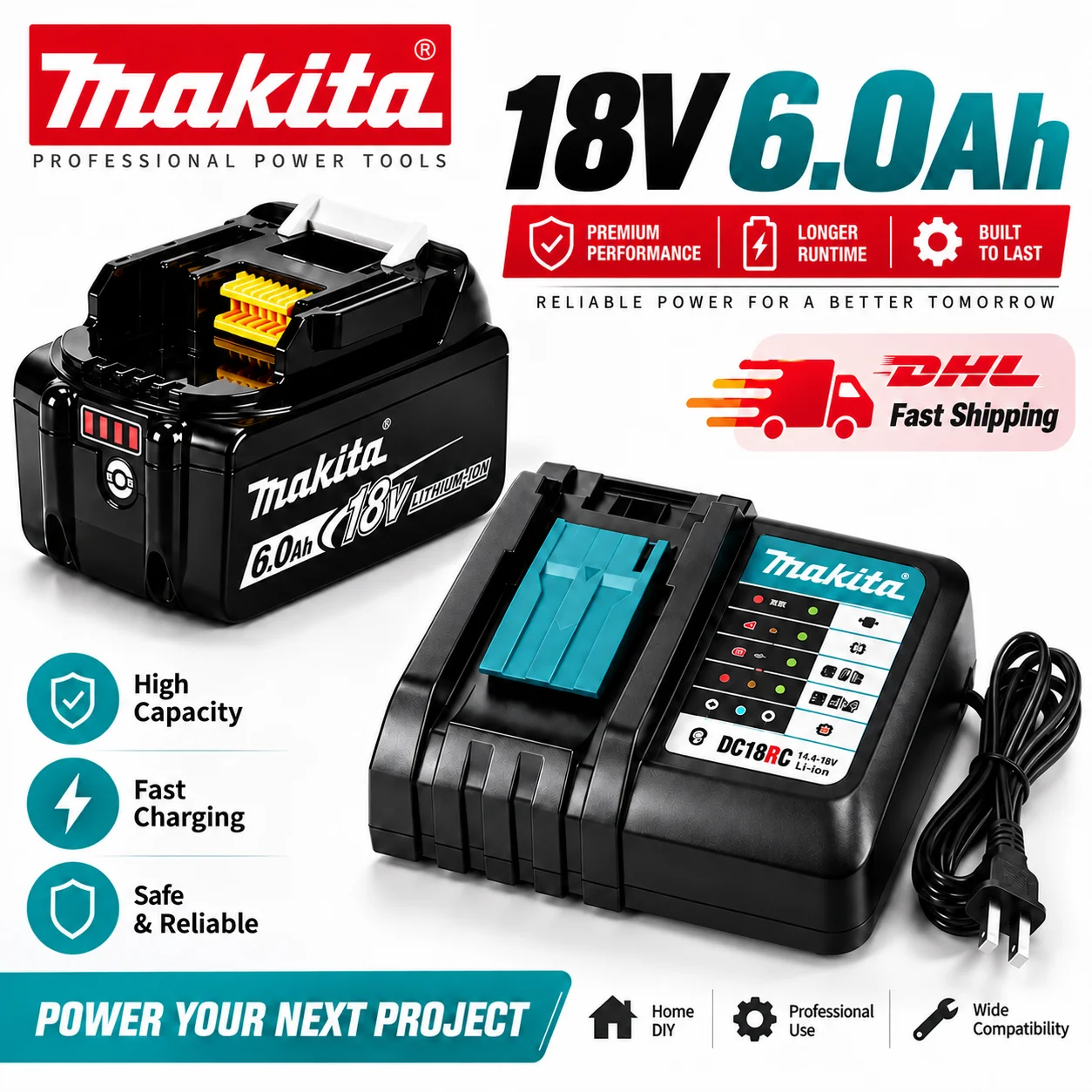 Für Makita 18V 6,0Ah Lithium-Ionen-Akku mit DC18RC Schnellladegerät, wiederaufladbarer Ersatzakku für LXT Akku-Bohrmaschine, Säge, Schleifer, Elektrowerkzeuge, EU-Lager, schnelle Lieferung