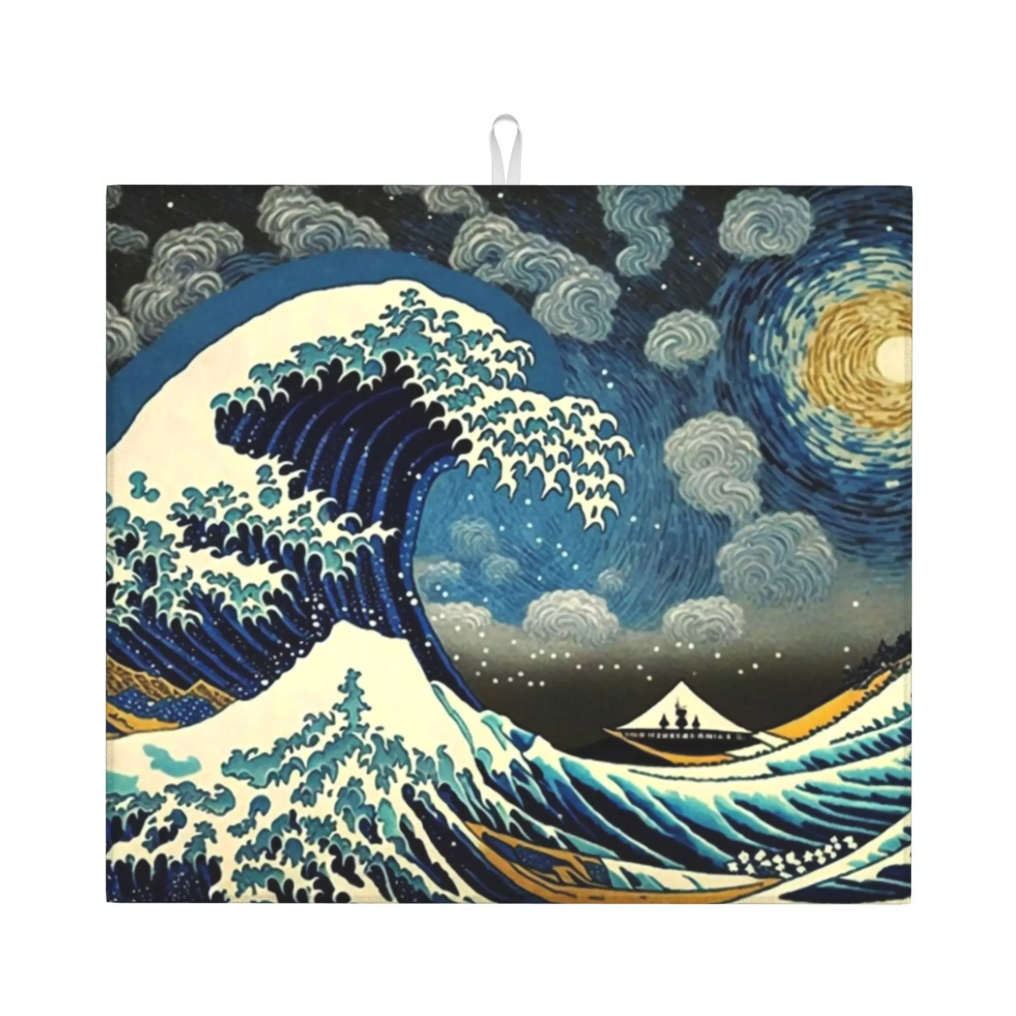 The Great Wave off Kanagawa And Starry Night Non Slip Kitchen Counter Protector Mat Barware Tableware Drying Mat For Kitchen