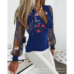 2024 Spring Summer New Women's Clothing Sleeves Lace Patchwork Puff Sleeve V-neck Waist Top Blouse Tops Shirt