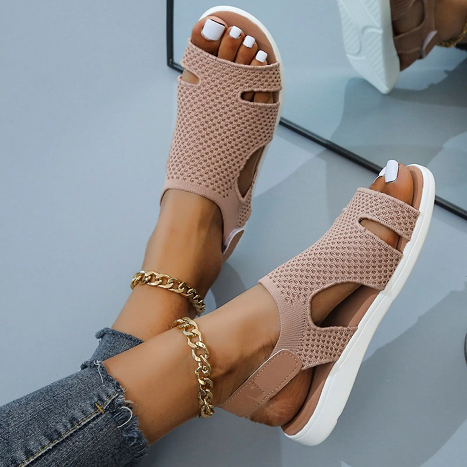 Summer Women Sandals Breathable Stretch Casual Ladies Flats Buckle Strap Femme Beach Platform Shoes for Women Big Size Shoes