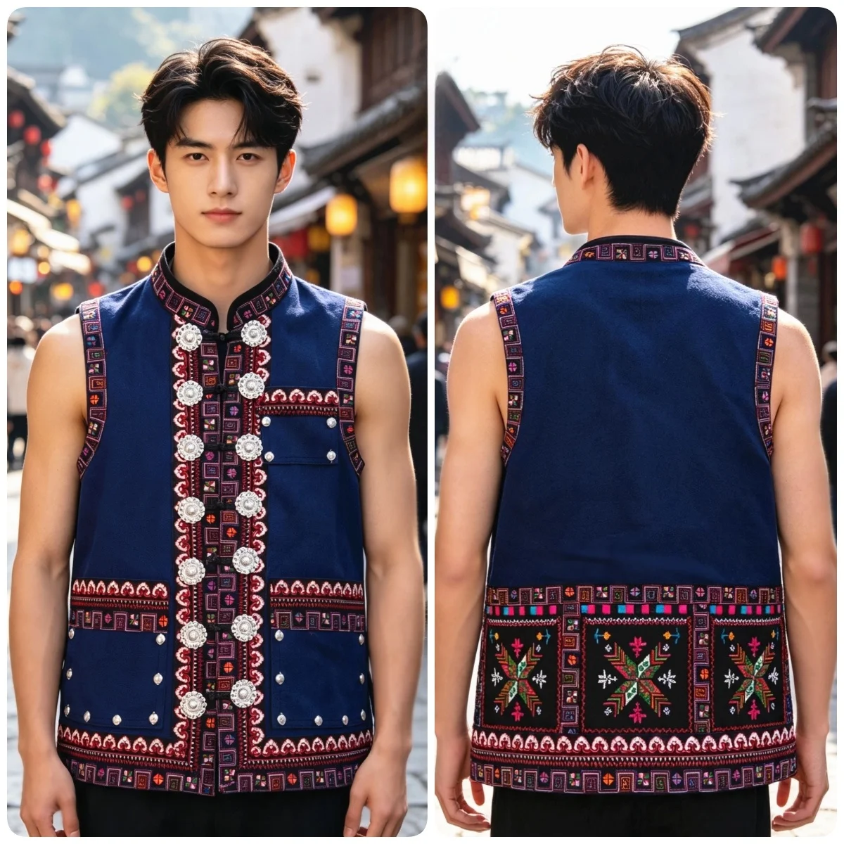 Navy blue square pocket collared vest