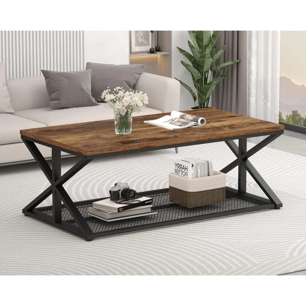 

Rustic Brown Coffee Table with Storage, Farmhouse Wood Metal Rectangle Living Room Table, Industrial Middle Center Table with M
