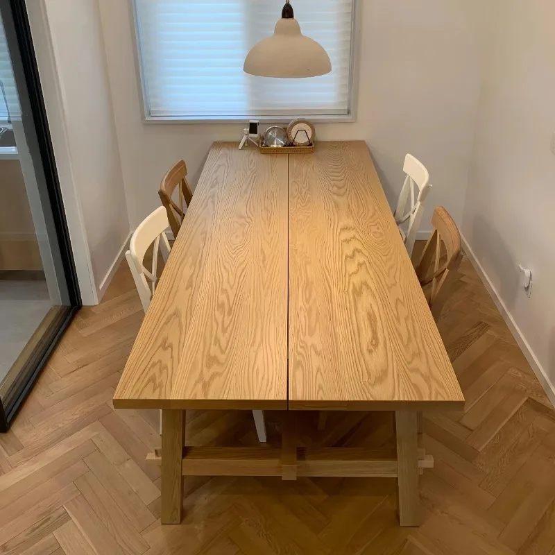 

All solid wood dining table and chairs Japanese living room household light luxury red oak strip desk writing desk