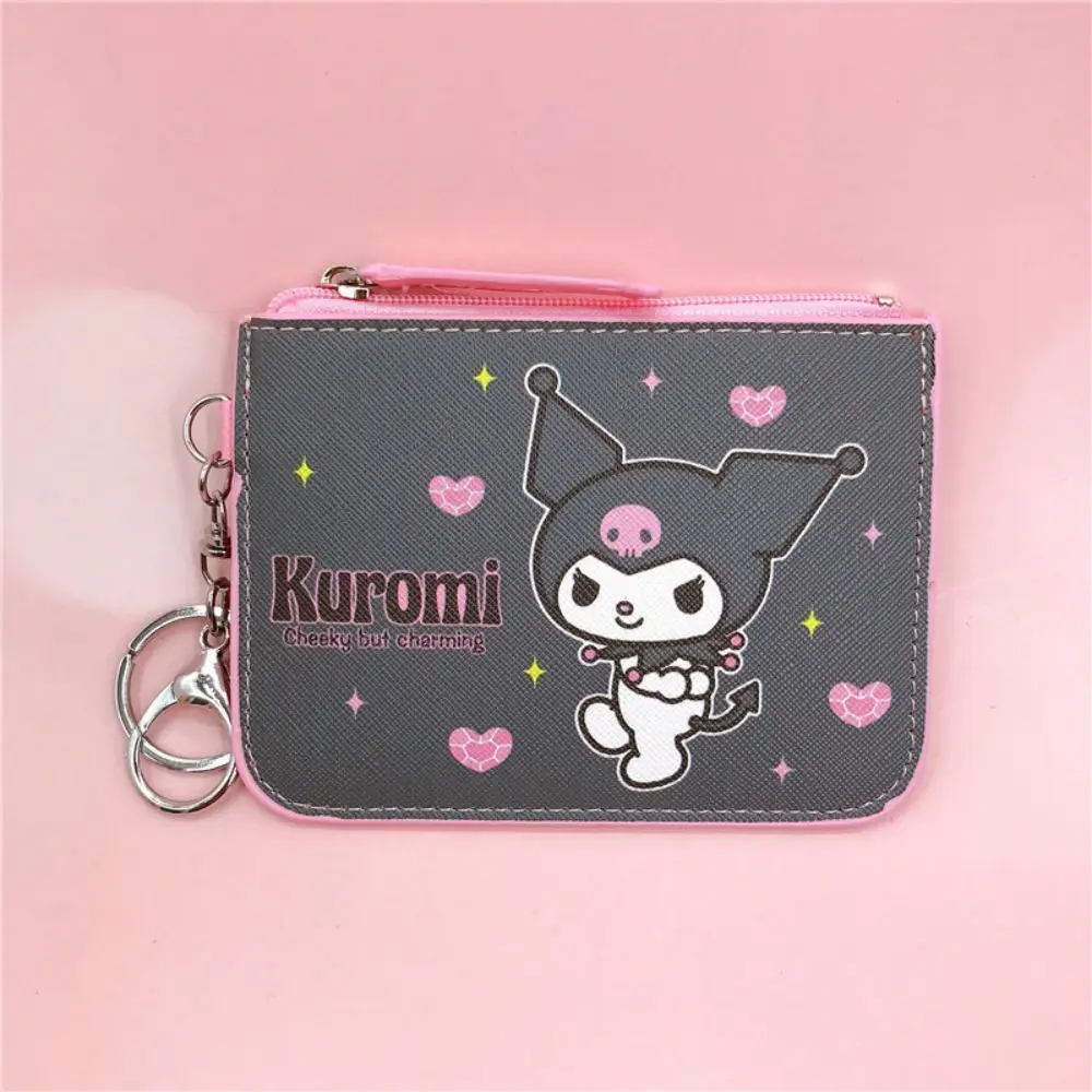 Kuromi Pu Leather Card Holder Sanrio Pu Wallet Cartoon Women Girls Zipper Change Purse Students Mini Key Card Bag With Keychain