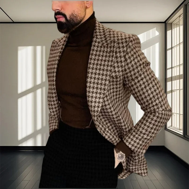 

Only Men's Jacket 1PCS High Quality Houndstooth Groom's Blazer For Banquet Single-Breasted Man Coat Slim Fit Business Casual