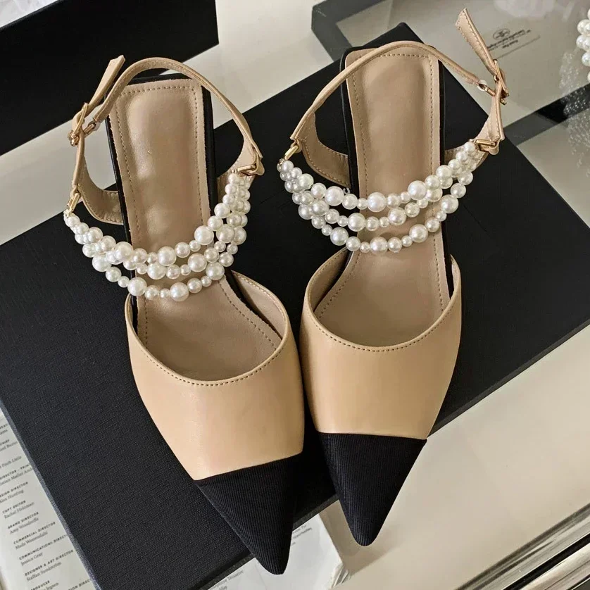 Fashion Pearl Decorate High Heels Women Luxury Brand Mixed Colors Designer Pointed Toe Heeled Sandals Hollow String Bead Pumps