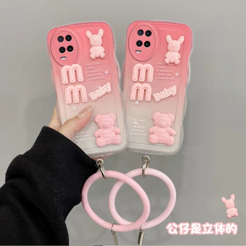 3D Fashion Cute Doll Bear Rabbit Cartoon Luxury Silicon Phone Case On For Oppo A54 4G 54 Oppo54 OppoA54 Wristband Back Cover