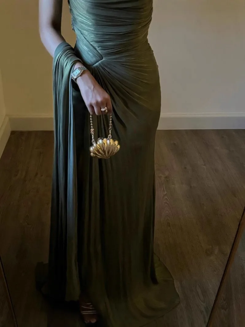 

Luxury Party Dress Maxi Gown Women's Casual Green Elegant Single Shoulder Evening Dresses With Bow Summer Women's Clothing