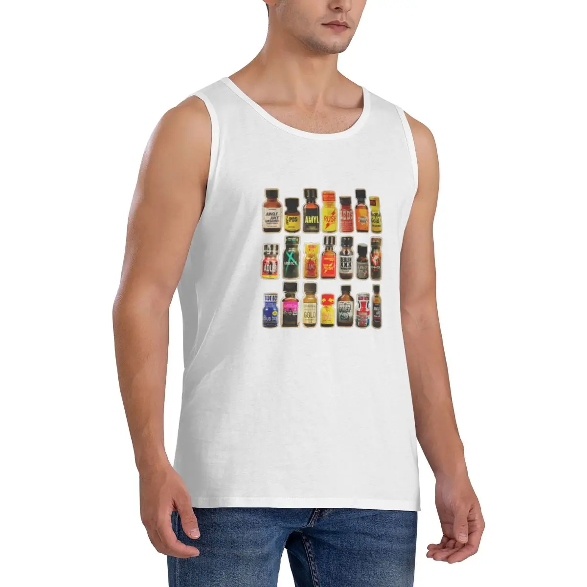 100% Cotton Poppers Bottles Gay Rush Jungle Juice Amyl Inhaler Sleeveless T-Shirt Men Workout Sports Tops Men's Crew Neck Vest