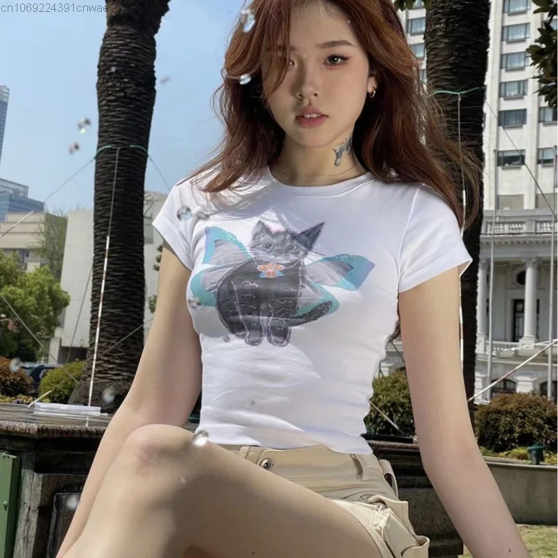 Funny Anime Butterfly Kitty Cat T-shirt Y 2k Hippie Hip Hop Sexy White Corset Crop Top Female Cute Graphic Korean Fashion Tees