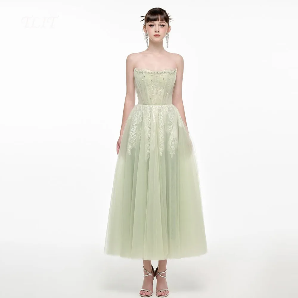 

TLIT Fairy Candy Color Tulle Evening Dress Arabic Strapless Wedding Party Dress Women Customized Satin With Crystal Prom Gowns