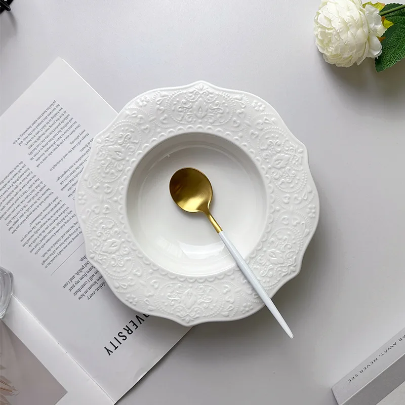 

Ins Nordic Style Alices White Lace Straw Hat Plate Western Style Pasta Plate Hotel Ceramic Relief Soup Plate, Salad Plate