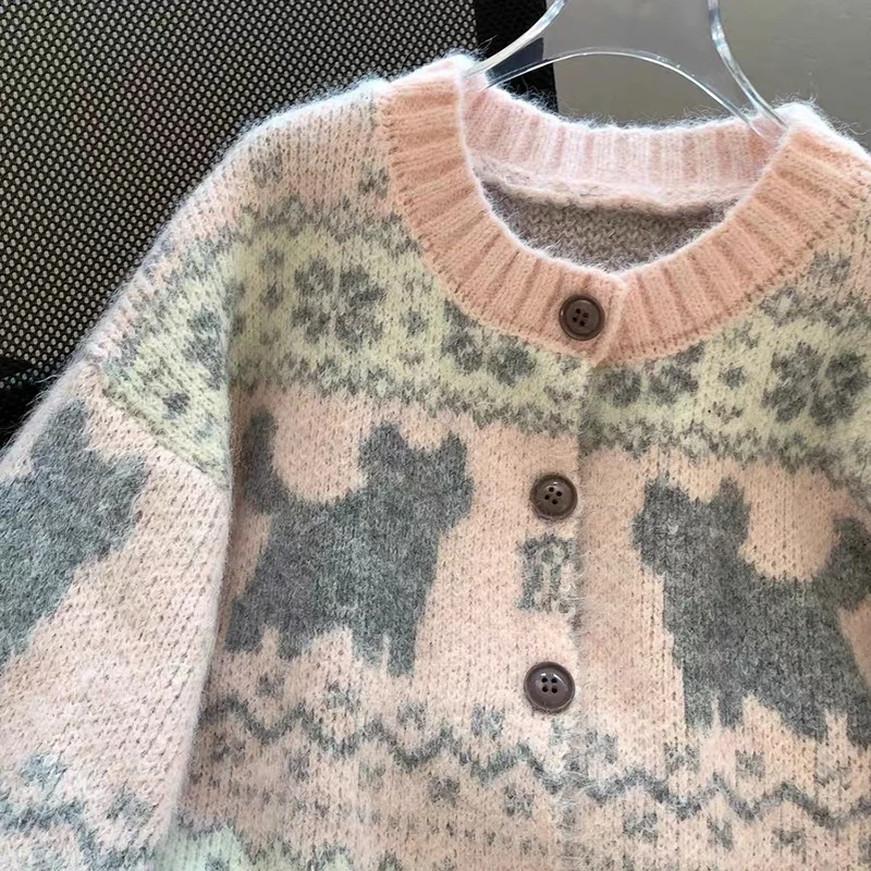 MEXZT Kawaii Roze Gebreid Vest Vrouwen Harajuku Cartoon Print Trui Outerwears Koreaanse Knitwears Winter Mode Leuke Jumpers