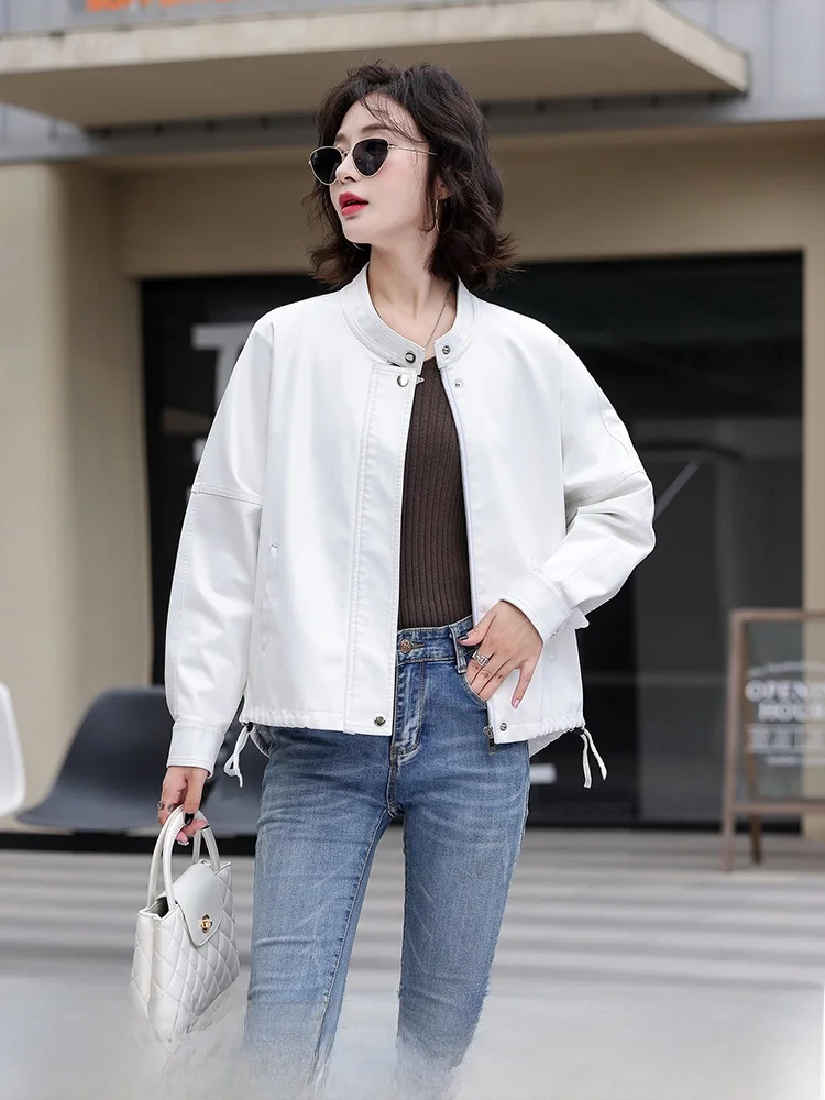 

Повседневная женская куртка из овечьей кожи свободного кроя с коротким рукавом на молнии, весна-осень, новая модель, кожаное пальто Haifeng