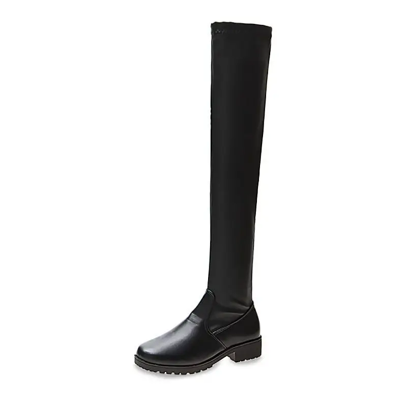 Women's 2025 New Over The Knee Fleece Lined Leather Boots Petite Rider Style Black Biker Korean Fall Winter High Boots