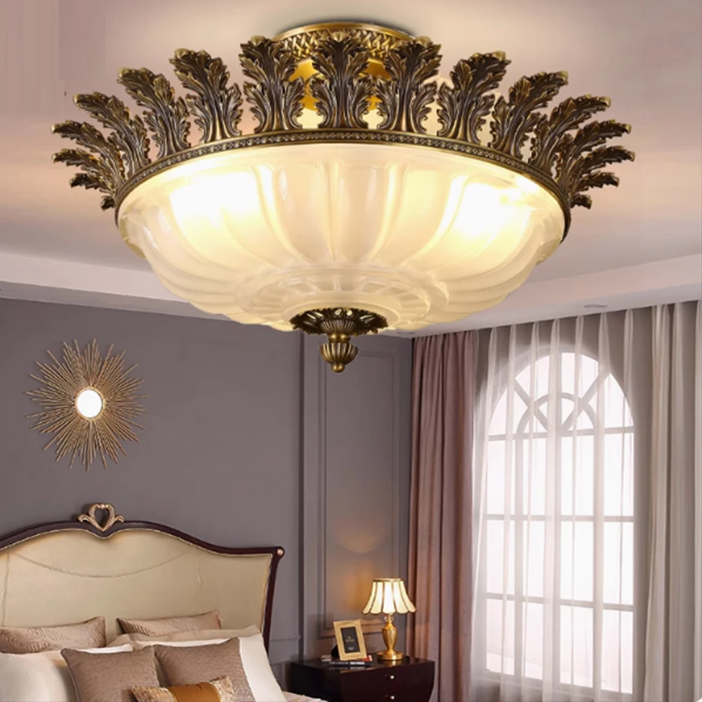 

VH Retro New Design Home Decoration All Copper Carved Semi-suction Lamp, Corridor Bedroom Glass Lampshade Ceiling Light