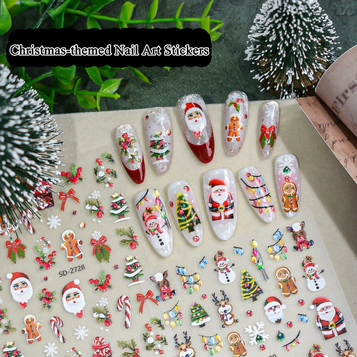 3 bis 15 Blatt 5D Weihnachts-Nagelsticker mit Motiven von Weihnachtsmann, Schneemann, Rentier, Baum, Schneeflocke, Schleife und Zuckerstange, selbstklebend – Detail 6