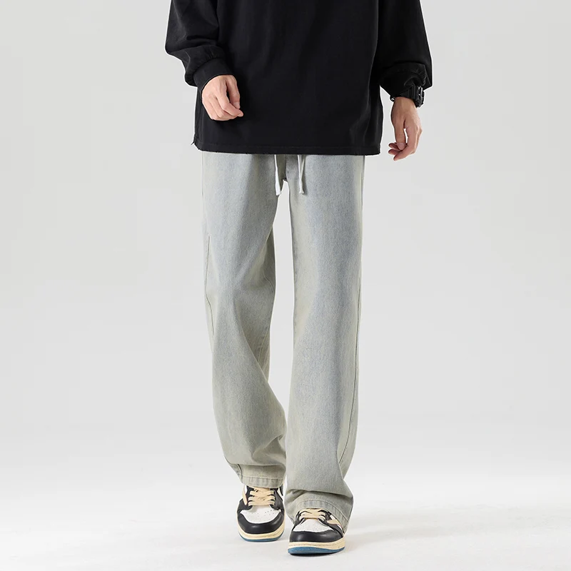 Men's 2024 Spring and Autumn New Fashion Splicing Pocket Drawstring Draping Loose Retro Straight Leg Casual Wide Leg Jeans