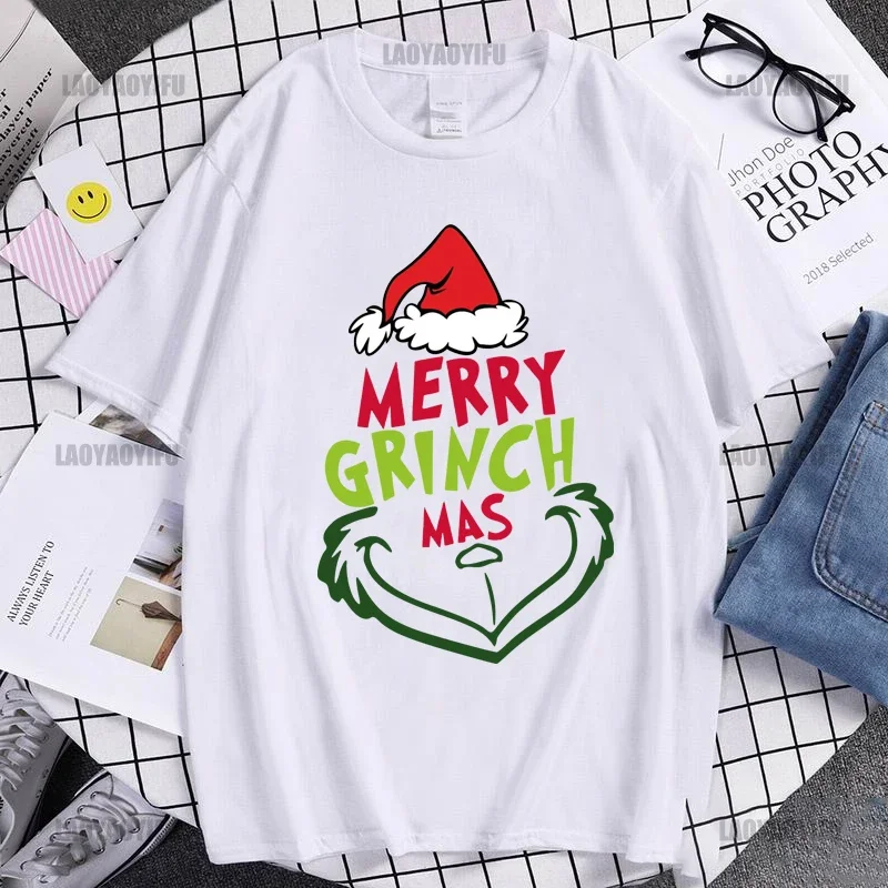 Christmas New Year Men\'s Shirt Casual O-neck Short Sleeve Tops Hip Hop Trend Harajuku Streetwear Fashion Cotton Grinch