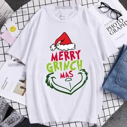 Christmas New Year Men's Shirt Casual O-neck Short Sleeve Tops Hip Hop Trend Harajuku Streetwear Fashion Cotton Grinch