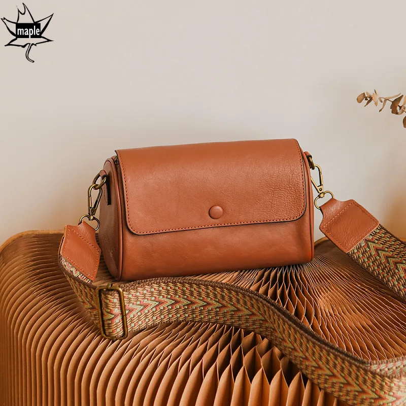 

New Retro Soft Small Flap Bag Vegetable Tanning Cow Leather Women's Crossbody Shoulder Bag Brown Coffee Daily Purse