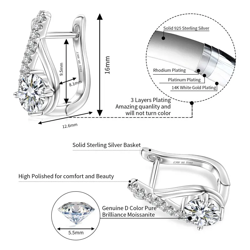 IOGOU 2026 New 925 Silver 5.5mm Moissanite Criss Cross U-shaped Hoop Earrings for Women Huggies Stus S925 Jewelry Valentine Gift