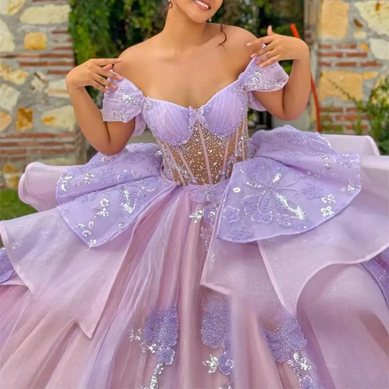 Personalizado roxo quinceanera vestidos trem destacável borboletas apliques rendas aniversário grânulo vestido de baile vestidos de 15 anos