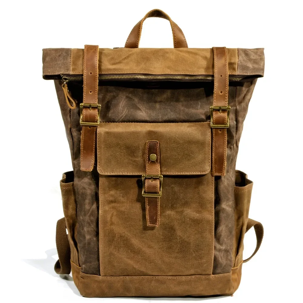 Cowhide Canvas Backpack Waterproof Large Capacity Outdoor Hiking Travel Bag Vintage Knapsack
