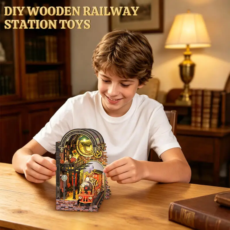 DIY 3D Wooden Book Stand Train With Lights Zero-point Platform Assembly Model House Handmade Book Puzzle Toys Ornament Gifts