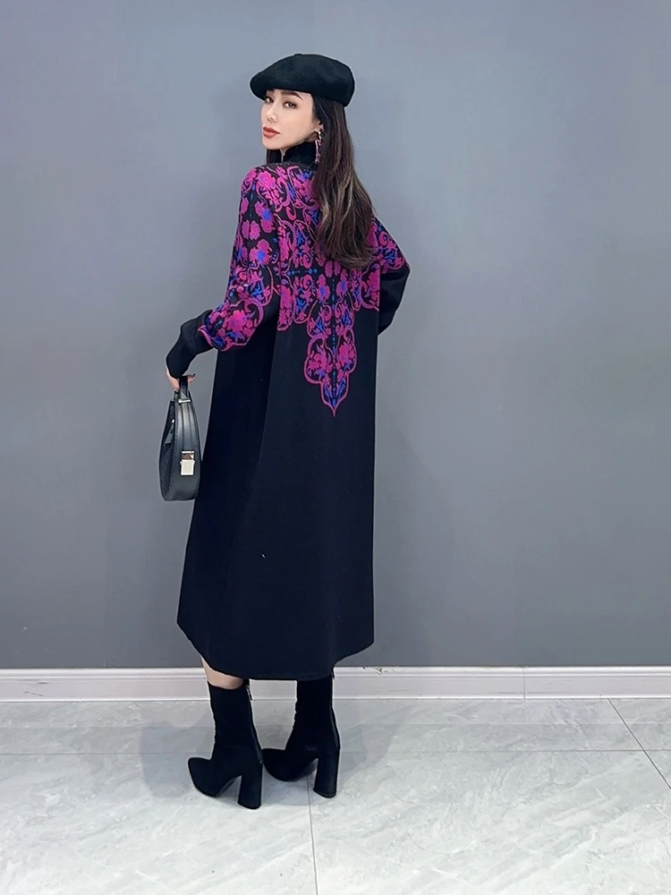 Vefadisa 2024 Autumn/Winter New Purple Vintage Printed Women Sweater Dress Turtleneck Long Sleeved Casual Elegant Dress ZXY900A