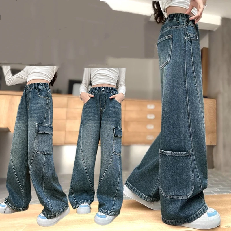 

Girls Cargo Pants Jeans Casual Straight Loose Wide Leg Denim Pants Spring Autumn 2026Fashion New Teens Children's Loose Trousers