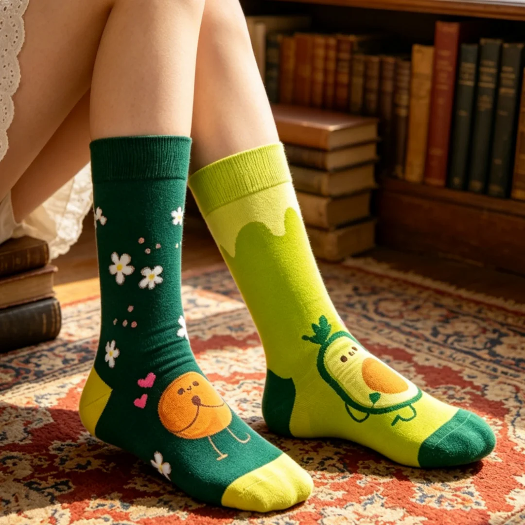 1 pair of socks with an avocado and floral print, asymmetrical design, suitable for both men and women