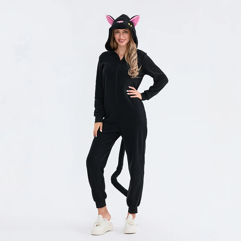 Black Cat Costume Halloween Hooded Zip-up Long Sleeve Fuzzy Jumpsuit Cartoon Animal Cosplay for Child