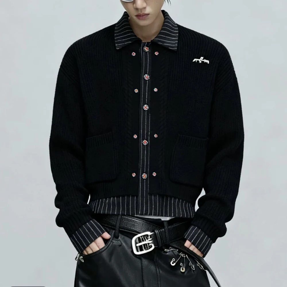 

Winter Men's Faux Two-Piece Striped Long-Sleeve Sweater American Retro Fashion Trend High Street Loose Casual Niche Men's Top