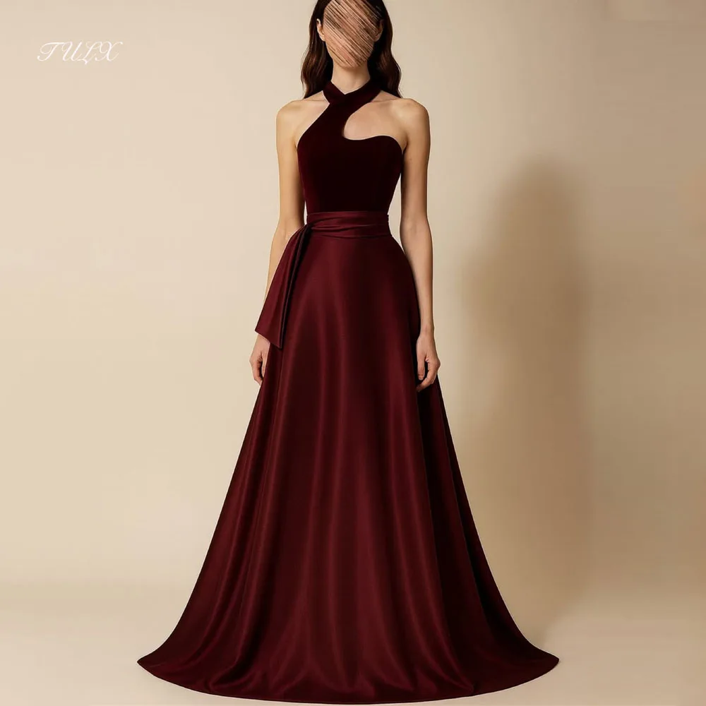 TULX élégant vin rouge Satin arabe dubaï robe de soirée formelle licou velours robe de bal une ligne longues robes de soirée personnalisé 2026