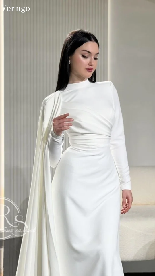 

Verngo lvory Satin Wedding Dress Mulism High Neck Full Sleeves Bride Gowns Women Elegant Modest Bridal Dresses Customized