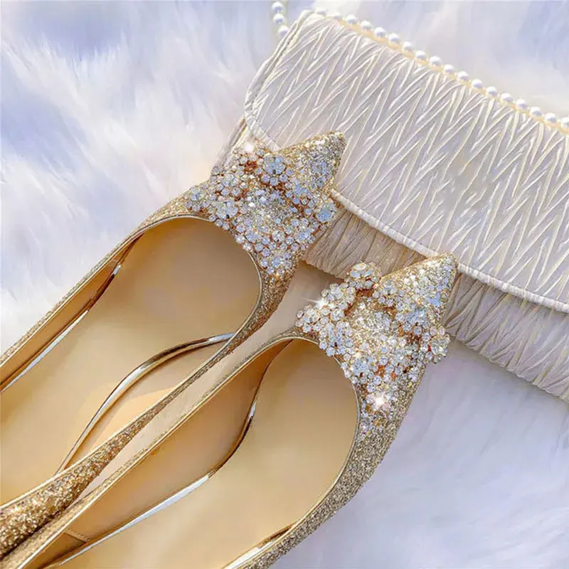 Womens Handmade New Arrival Stiletto Heel Dress Wedding Pumps Pointed-toe Large Size Slip-on Glitter Evening Party Fashion Shoes