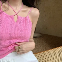 Women Sexy Halter Tops 2023 Summer Hollow Out Knitted Solid Cropped Tops Ladies Spaghetti Strap Camis Crop Top Y2k Fashion Tanks