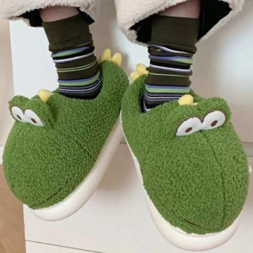 Cute Dinosaur Winter New Women Slipper Soft Heel Platform Fur Warm Indoor Comfortable Home Fluffy Home Slippers