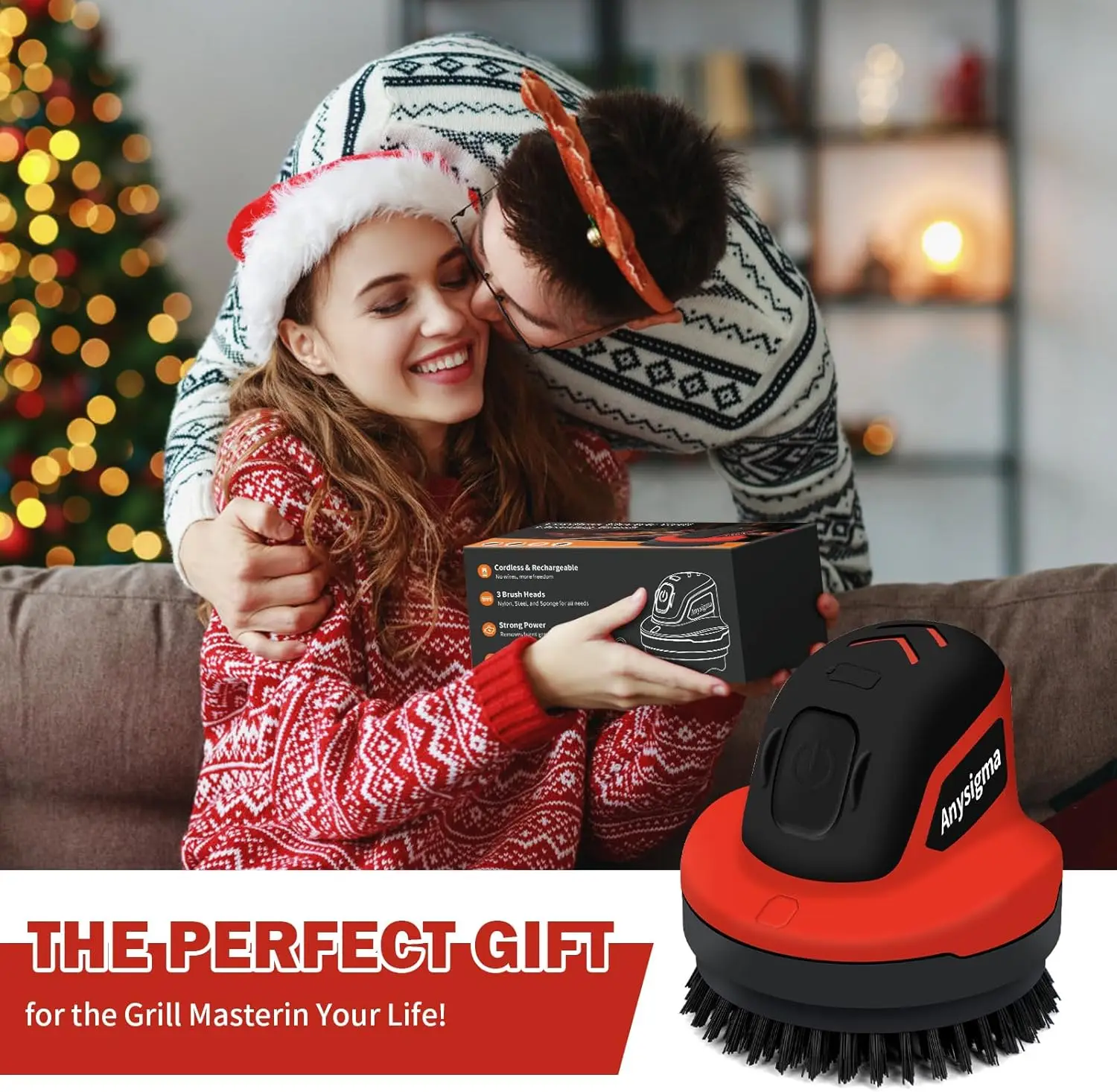 Escova elétrica sem fio para grelhar com cabeças substituíveis - limpador de churrasco recarregável, vermelho