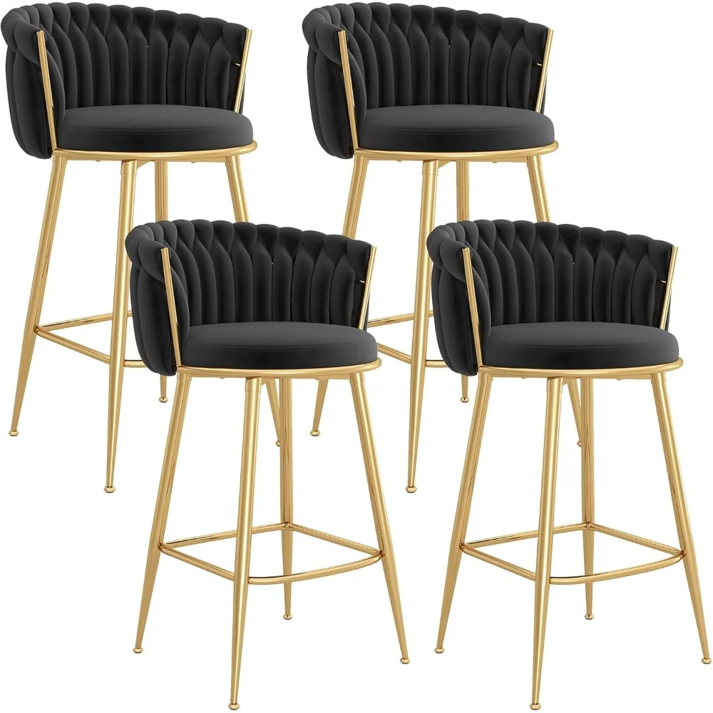 

Counter Height Stools Set of 4, Velvet Bar Stools with 27 Inches Upholstered Seat Height, Handmade Woven Back Armrest, Sturdy Go