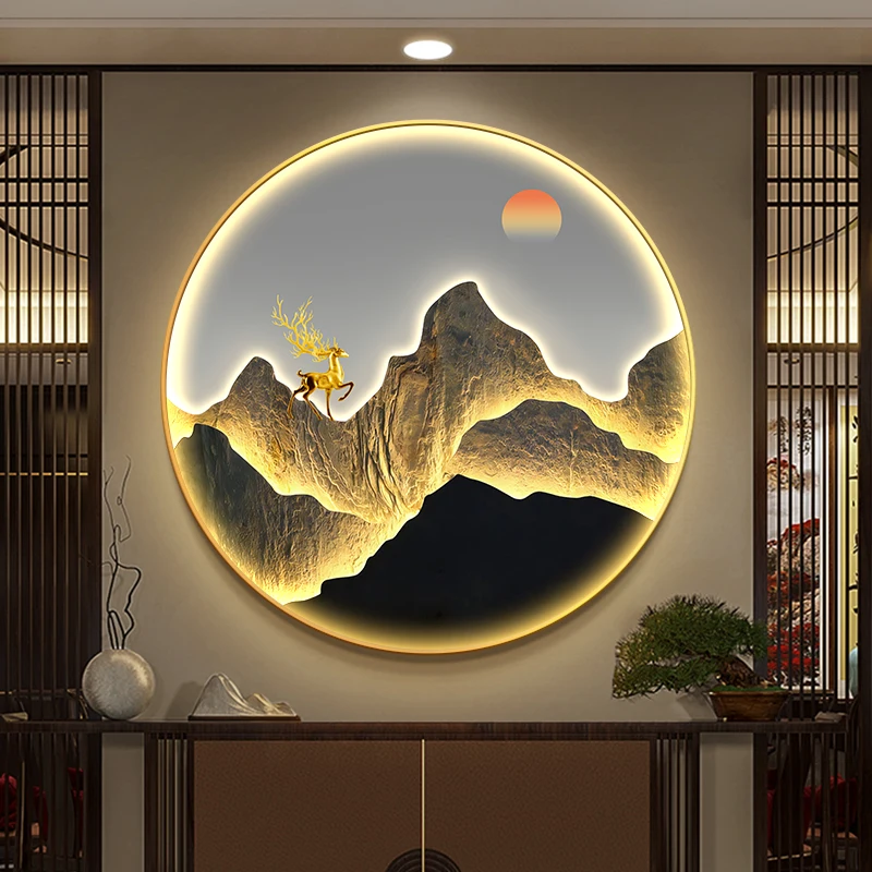 

Modern Round Crystal Inlaid LED Mountain Mural Wall Light - Corridor/Living Room Remote Dimmable Lustre Hanging Decor Lamp