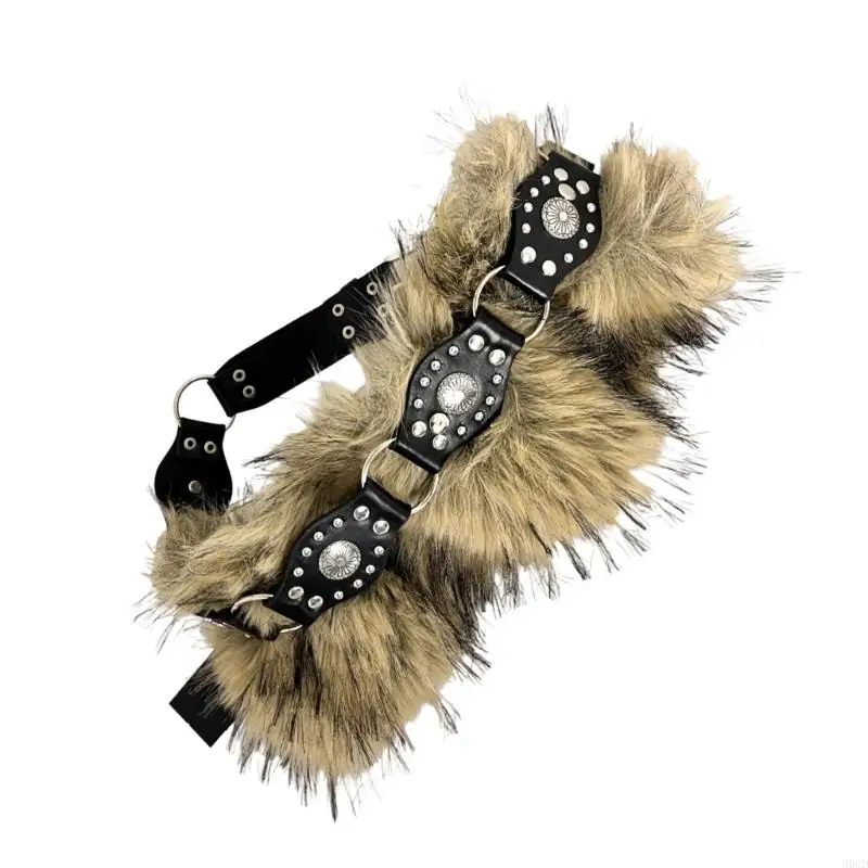 M6CD Punk Western Type Faux Furry Belt Sash cintura com pregos para roupas